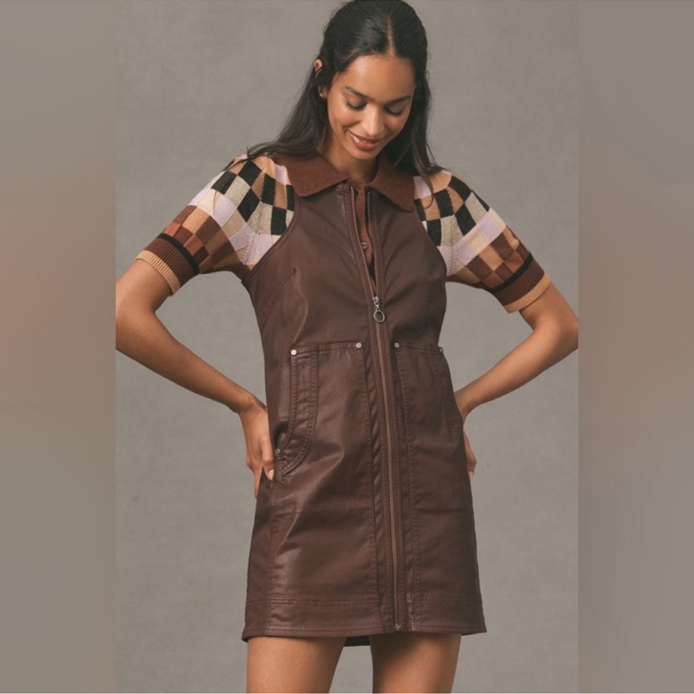 Anthropologie Pilcro Faux Leather Full Zip Jumper Dress Pockets Sz 0